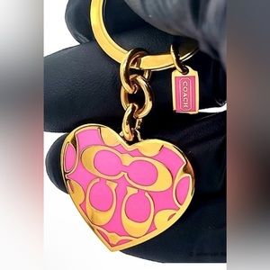 COACH-Gold Pink Fuschia Heart Signature C Keychain Fob Charm